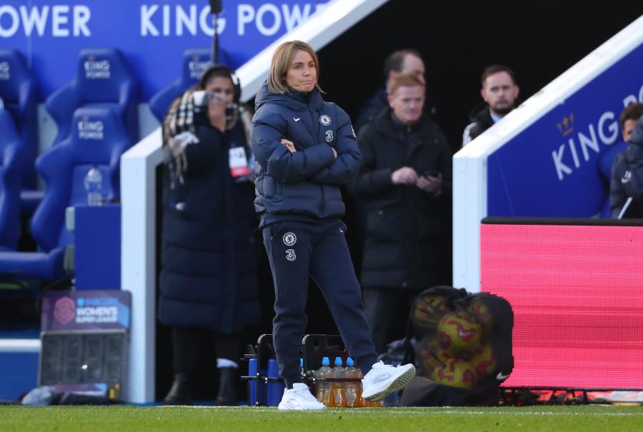 Sonia Bompastor on the touchline at Leicester's King Power Stadium