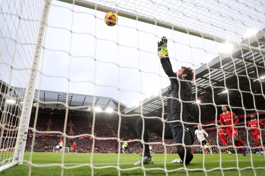 Liverpool keeper Alisson Becker failing to save Andreas Pereira's opener