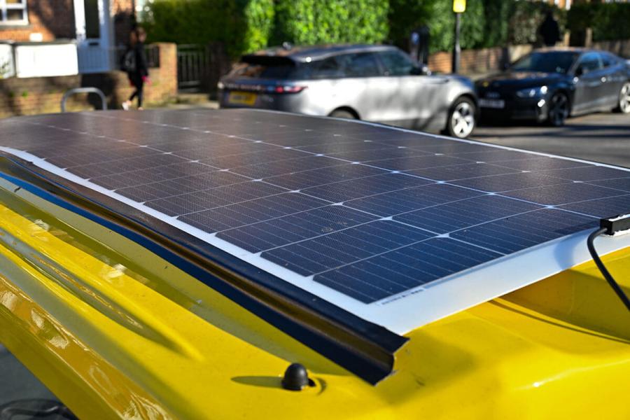 The rooftop solar panel helps the buggy charge when it’s out and about